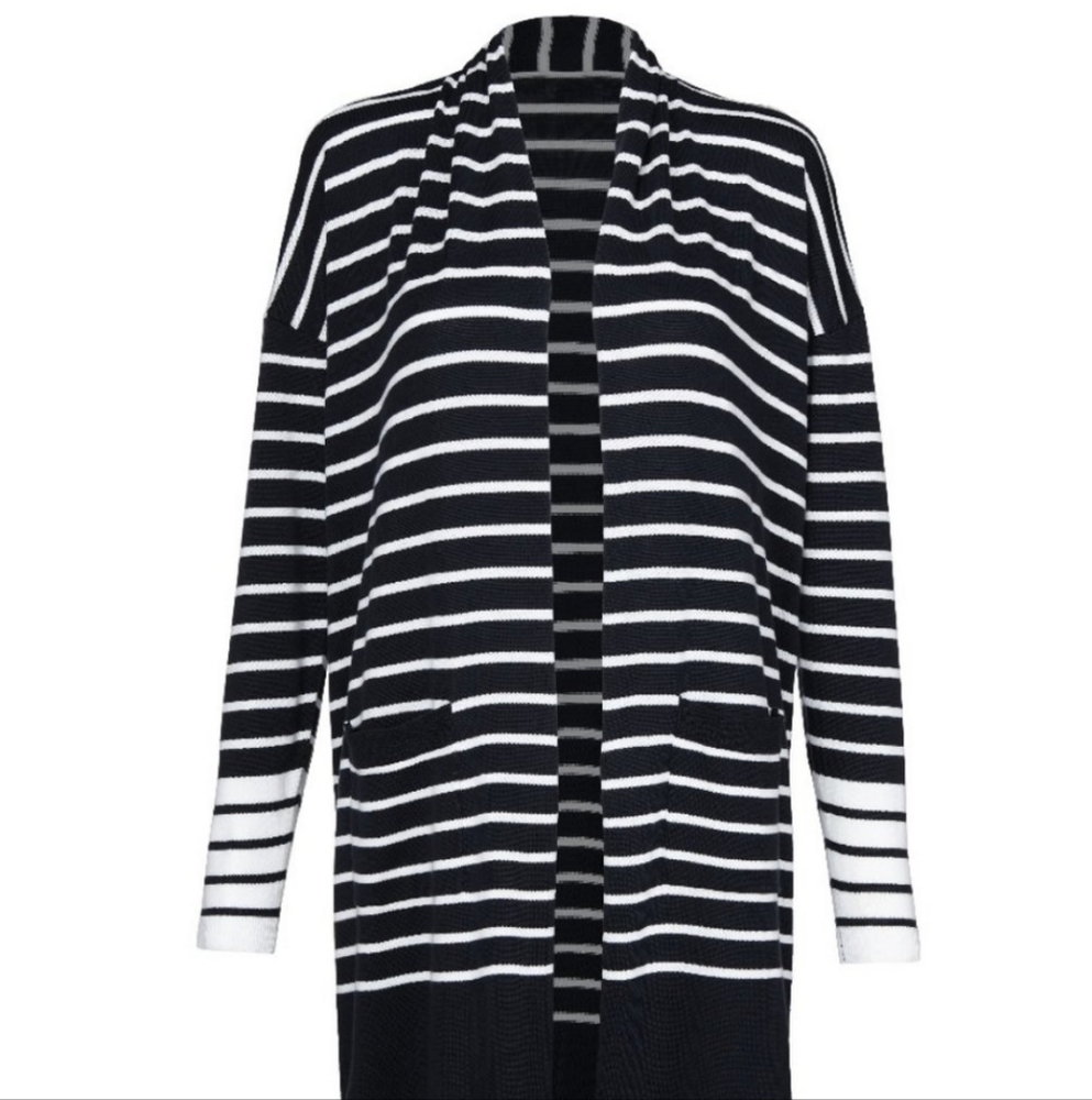Cabi Striped Navy and White long Cardigan duster 6243